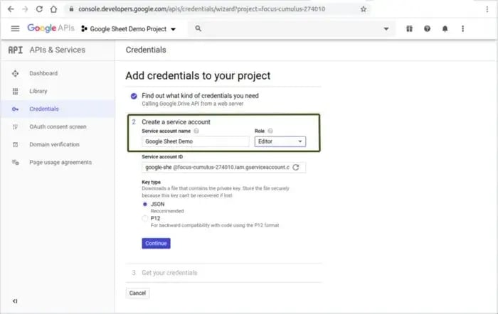 Create service account